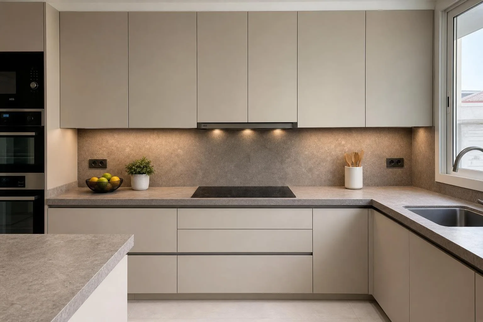 Cocina terminada con enchufes y placa de inducción conectada