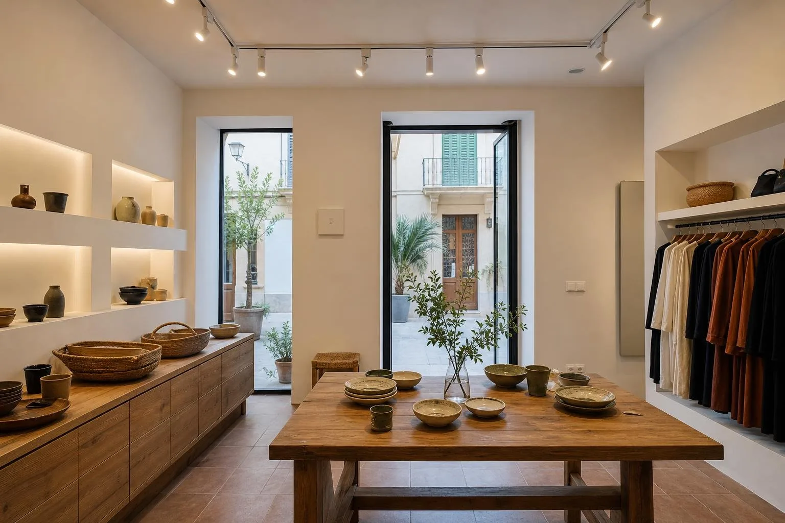 Interior de un local con carril de focos y enchufes bien colocados