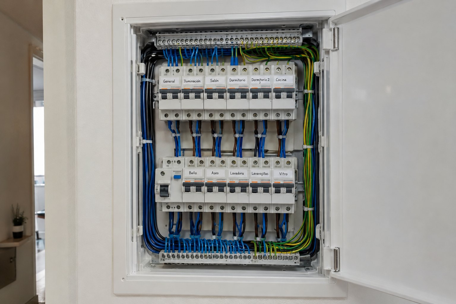 Cuadro eléctrico doméstico con los circuitos rotulados y el cableado ordenado