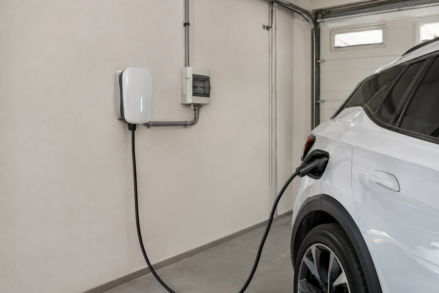 Cargador de coche eléctrico instalado en el garaje de una vivienda
