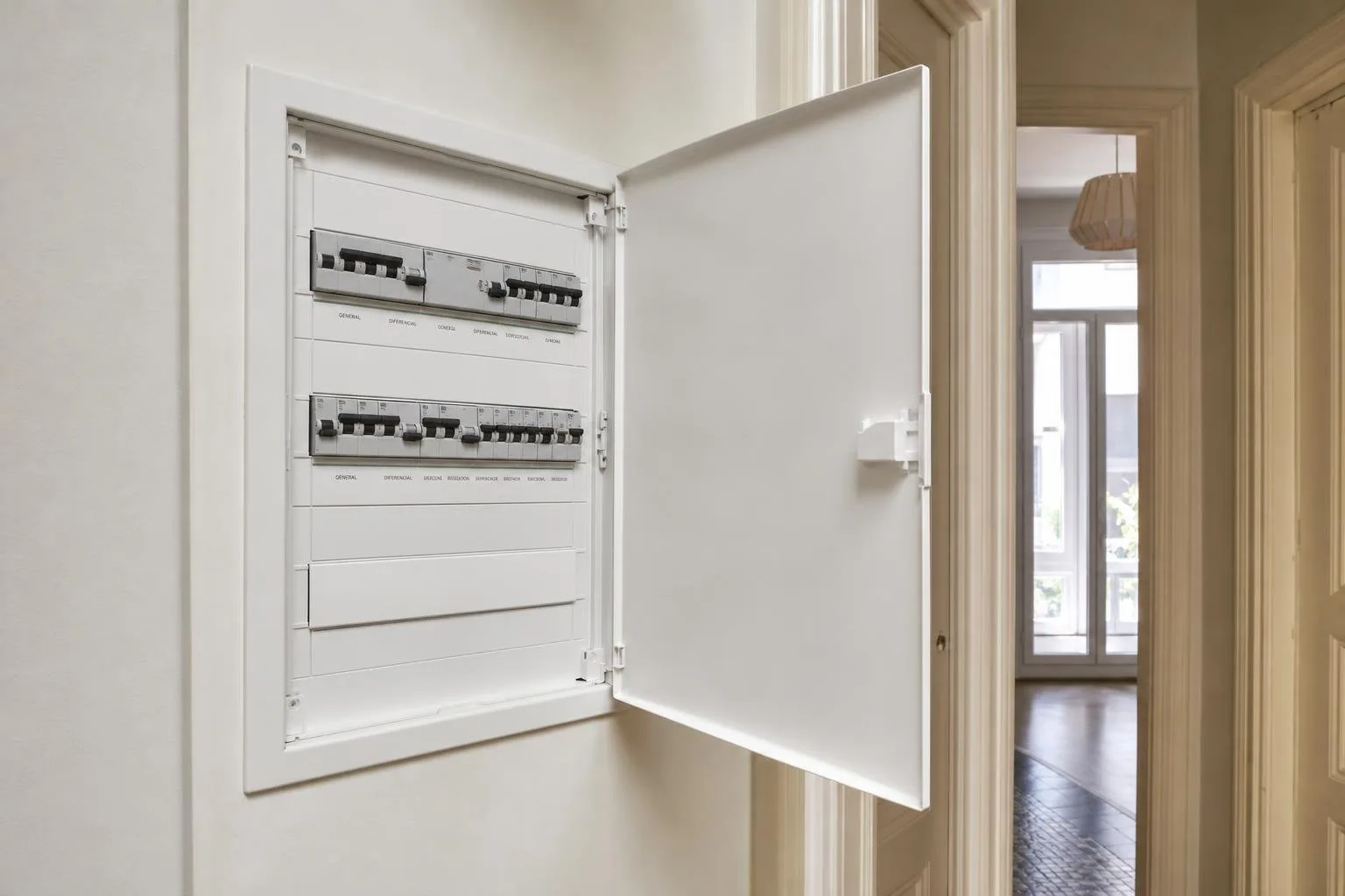 Cuadro eléctrico moderno en el pasillo de un piso antiguo