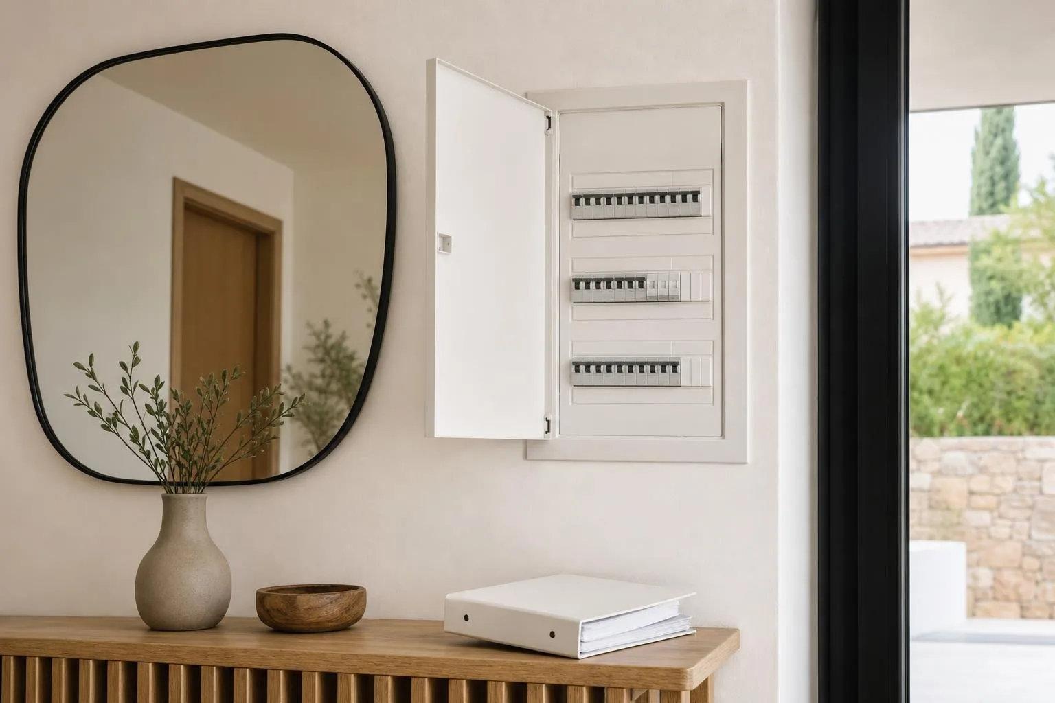 Carpeta con documentos junto al cuadro eléctrico de una vivienda