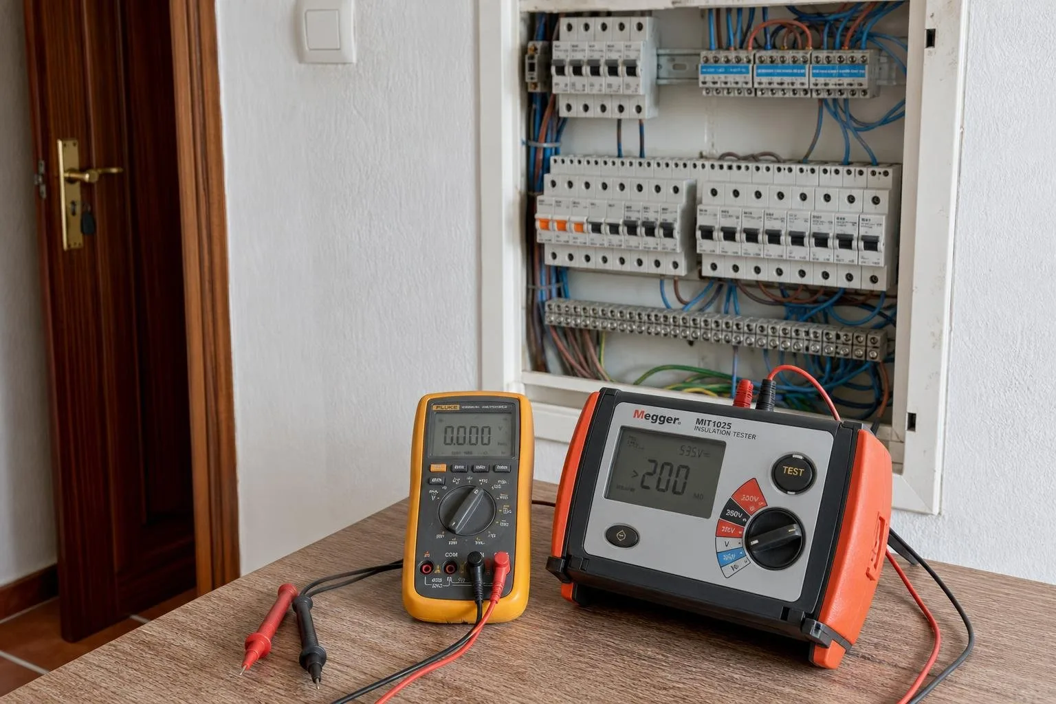 Medidores eléctricos sobre una mesa junto a un cuadro abierto