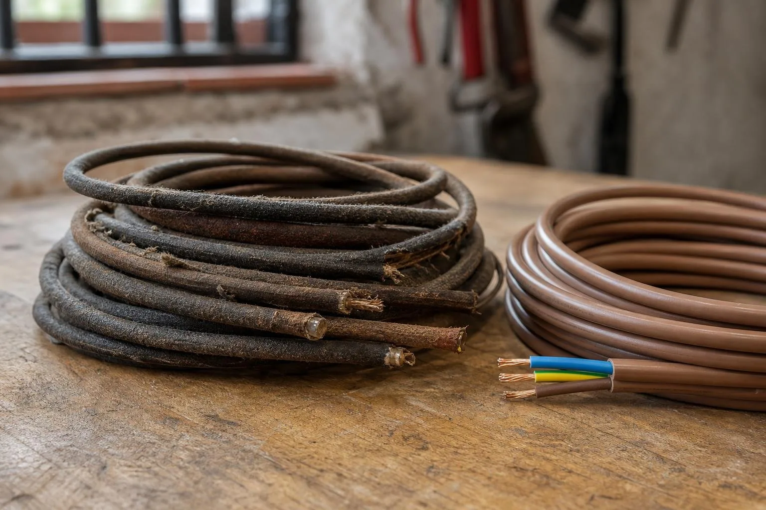 Cable antiguo con forro de tela junto a cable nuevo de cobre