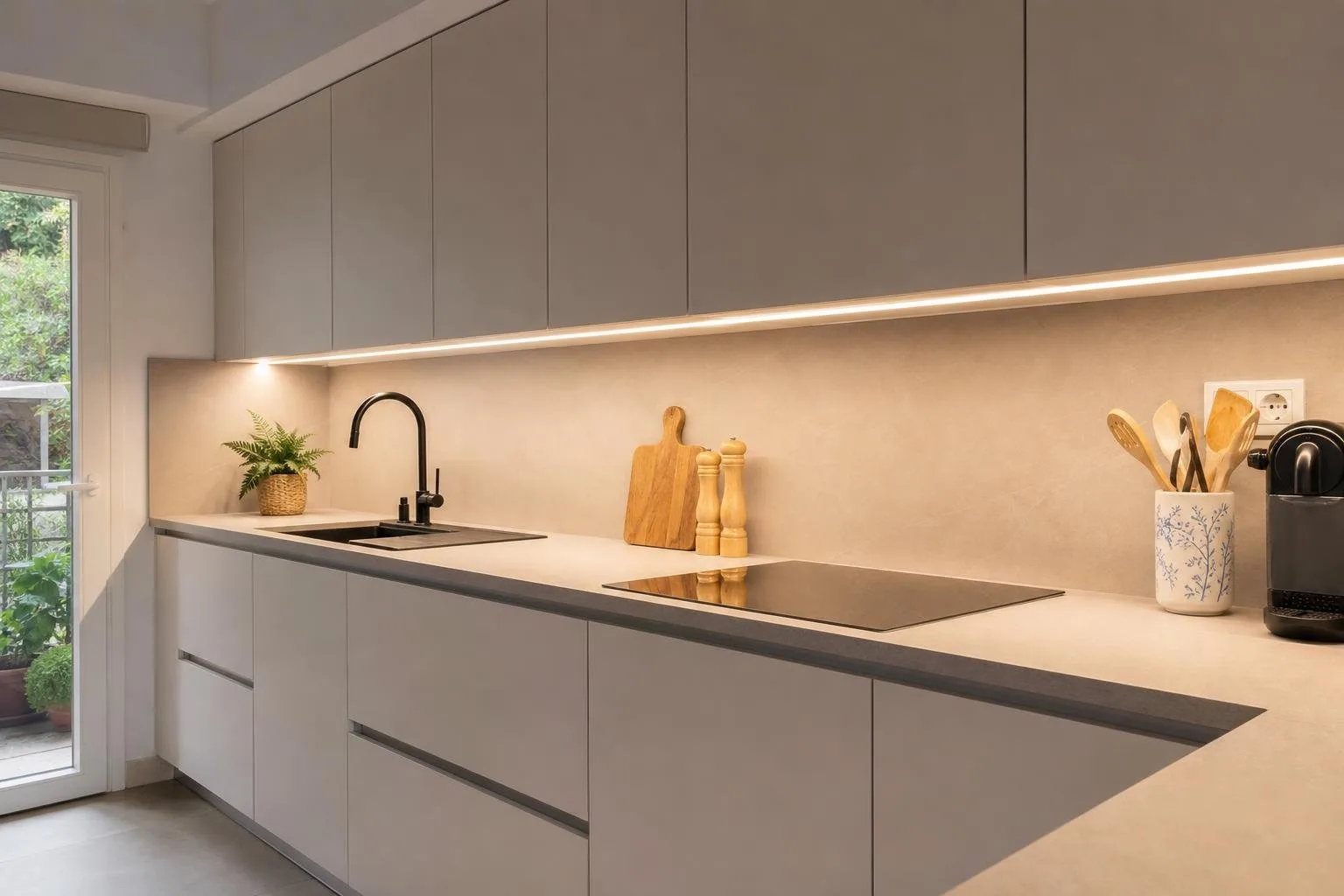 Cocina con tira LED bajo los muebles altos