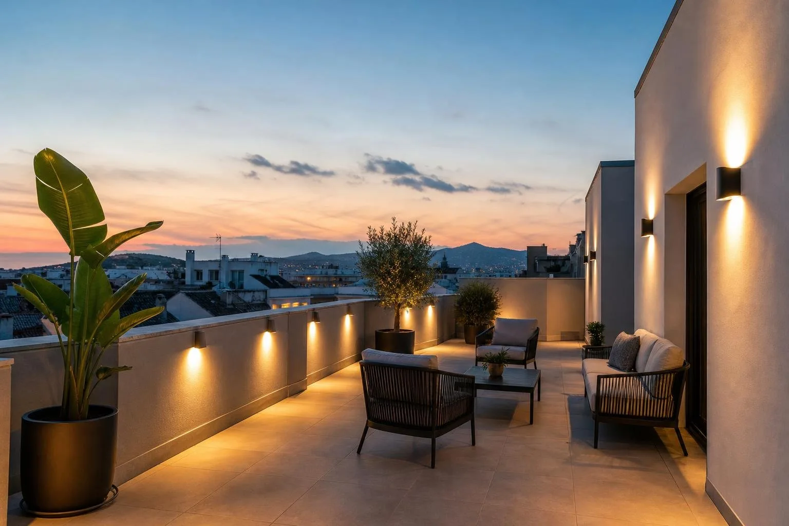 Terraza con apliques LED encendidos al anochecer