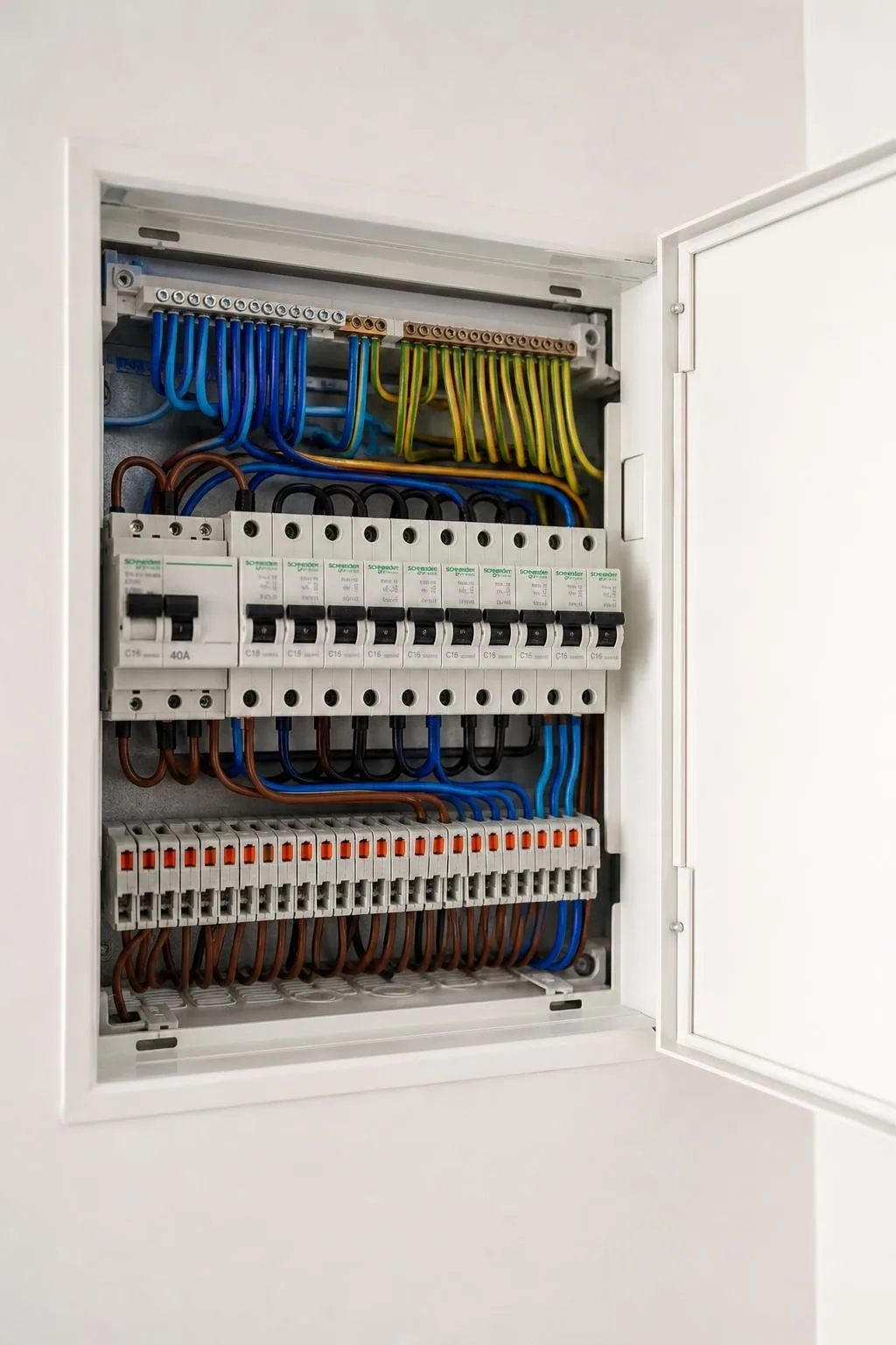 Cuadro eléctrico de vivienda nuevo con automáticos y cableado ordenado