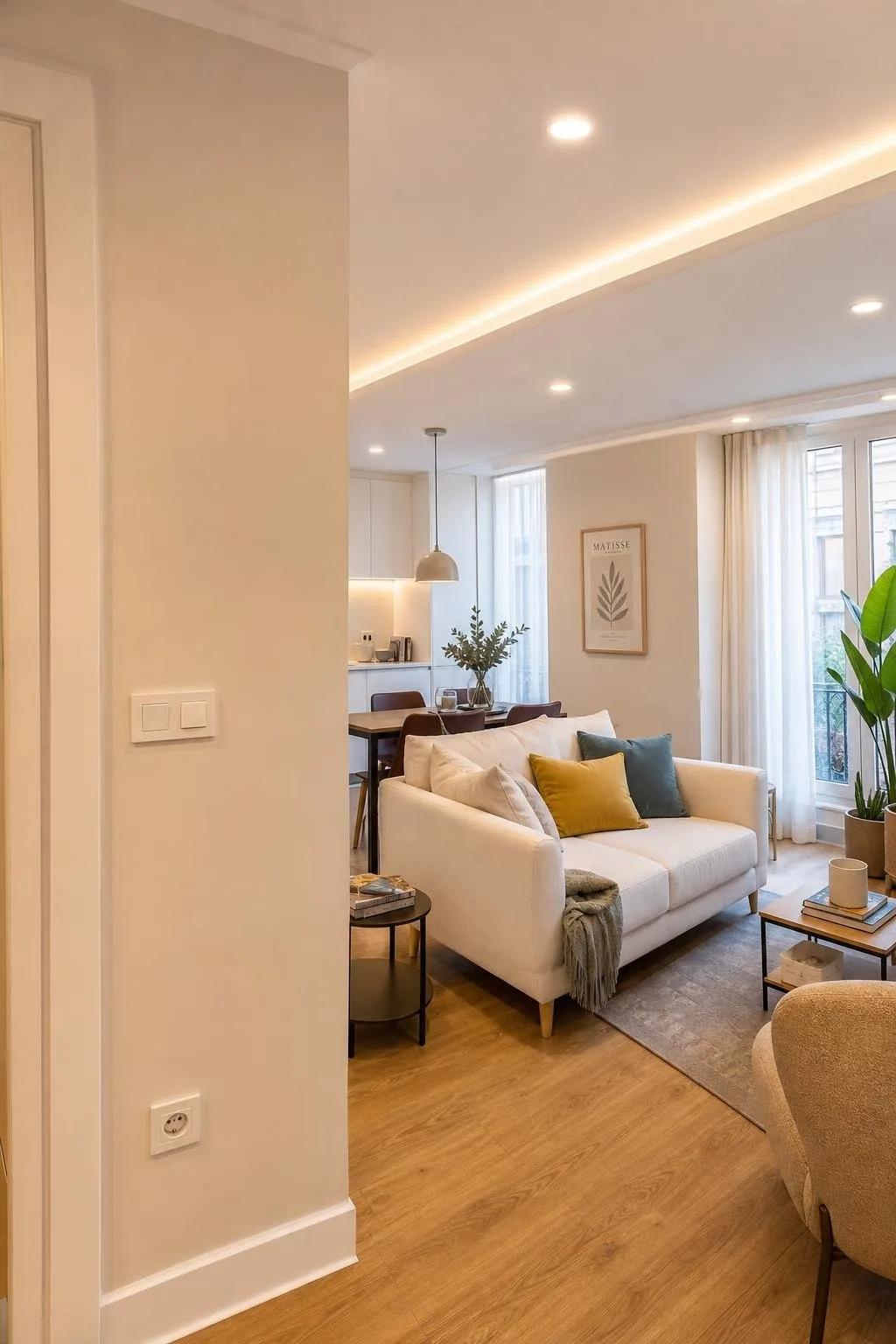 Salón de un piso con interruptores, enchufes y luces LED recién instalados