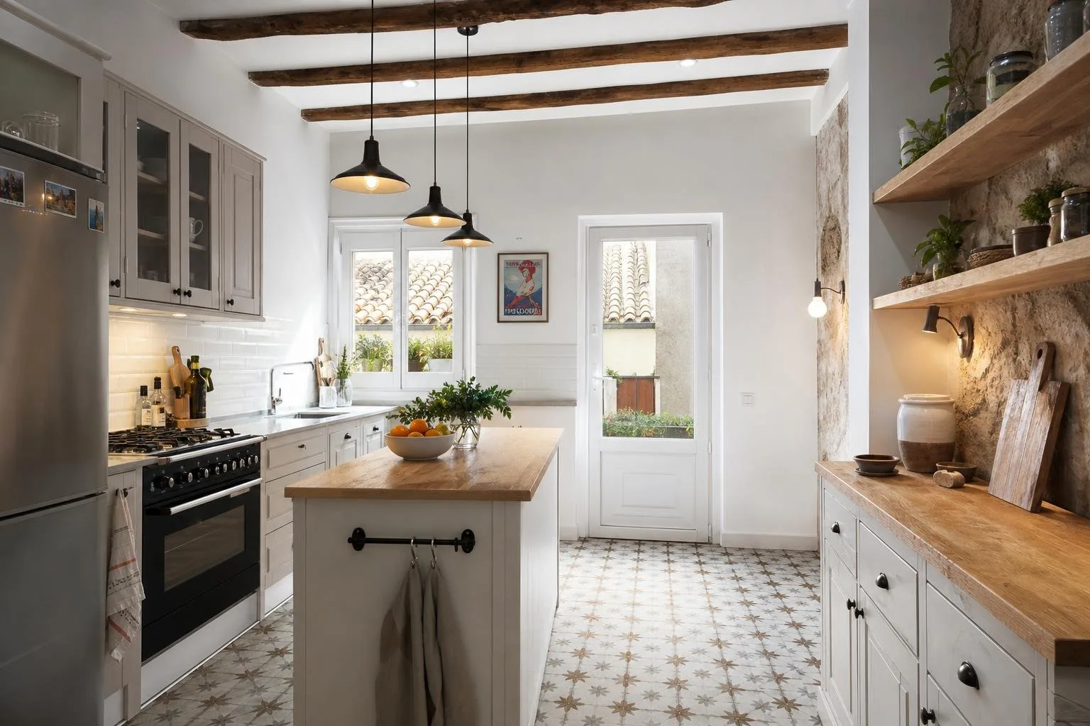 Cocina reformada de una casa antigua con enchufes y luces nuevos