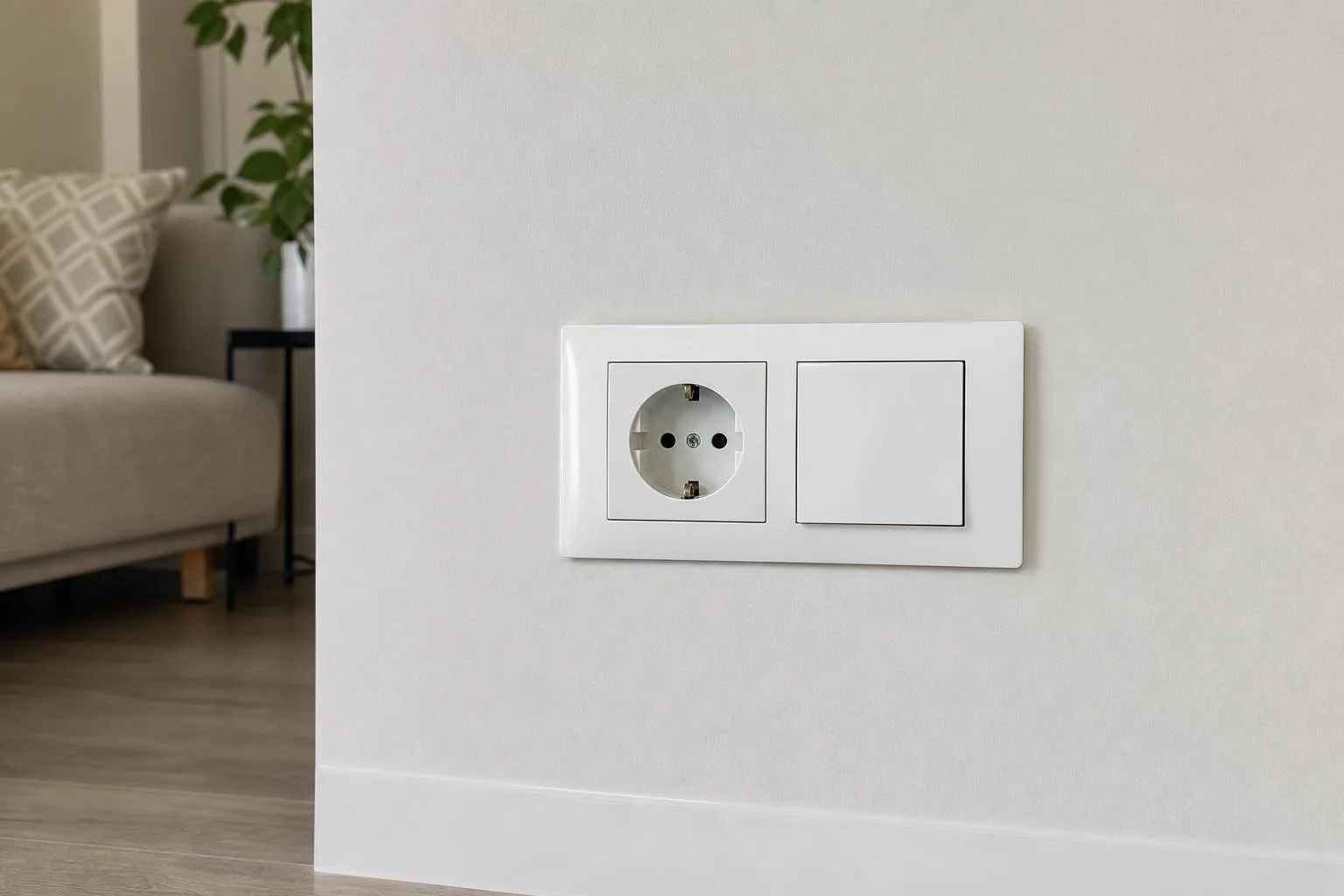 Enchufe e interruptor nuevos en una pared recién pintada