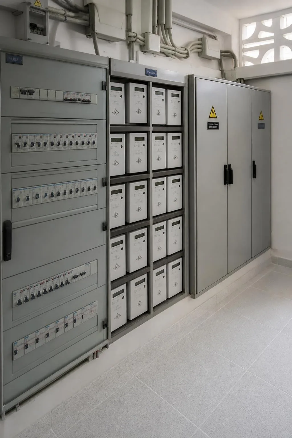 Cuarto eléctrico de una comunidad con cuadros y contadores ordenados
